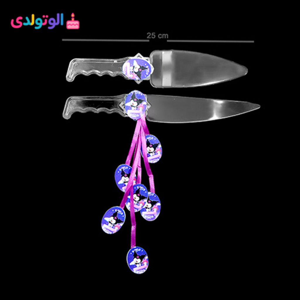 تصویر کارد و کفگیر کیک تم تولد کرومی و ملودی با طرح شخصیت‌های Kuromi و Melody