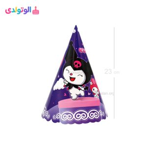تصویر کلاه تم تولد کرومی و ملودی با رنگ بنفش اکلیلی و طرح شخصیت‌های Kuromi و Melody
